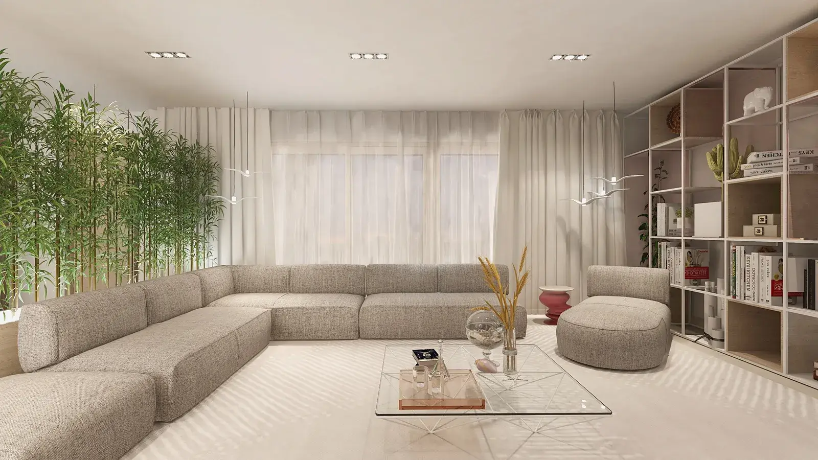 Nowoczesny salon z beżową narożną sofą, szklanym stolikiem i roślinami w tle - minimalistyczna aranżacja wnętrza
