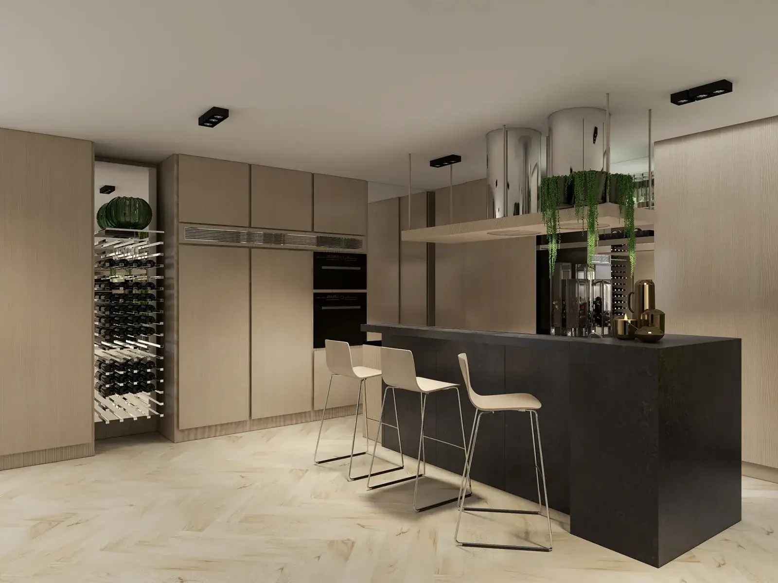 Nowoczesna czarna kuchnia z wyspą kuchenną, hokerami i drewnianym blatem. Projekt kuchni - architekt wnętrz Podkowa Leśna.