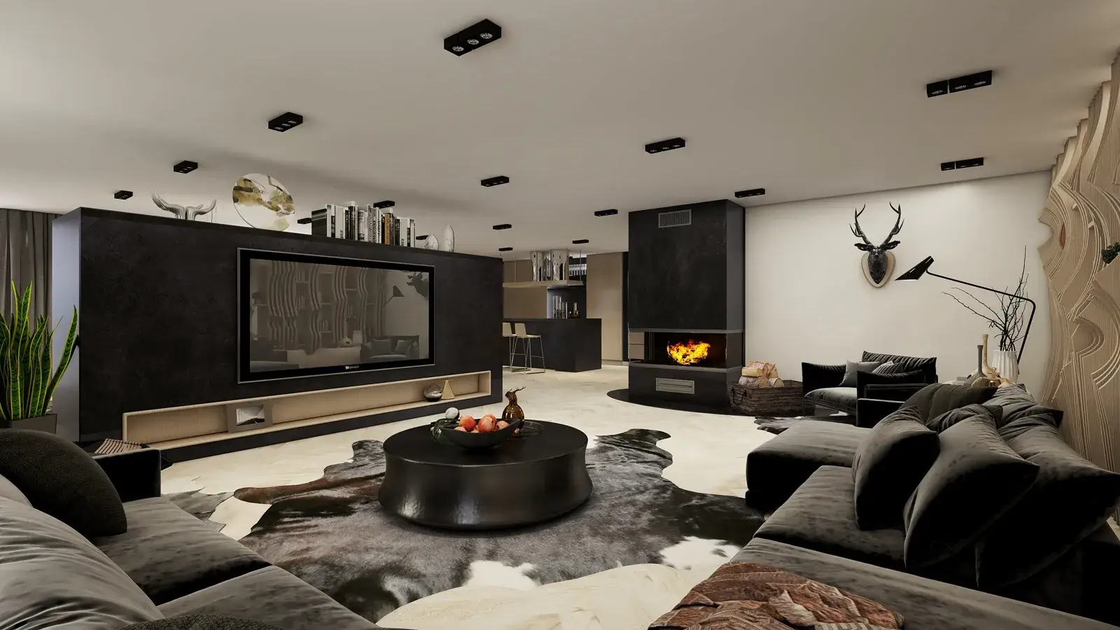 Przestronny salon z nowoczesnym trójstronnym kominkiem, strefą TV i dywanem ze skóry. Architekt wnętrz Warszawa - aranżacja salonu