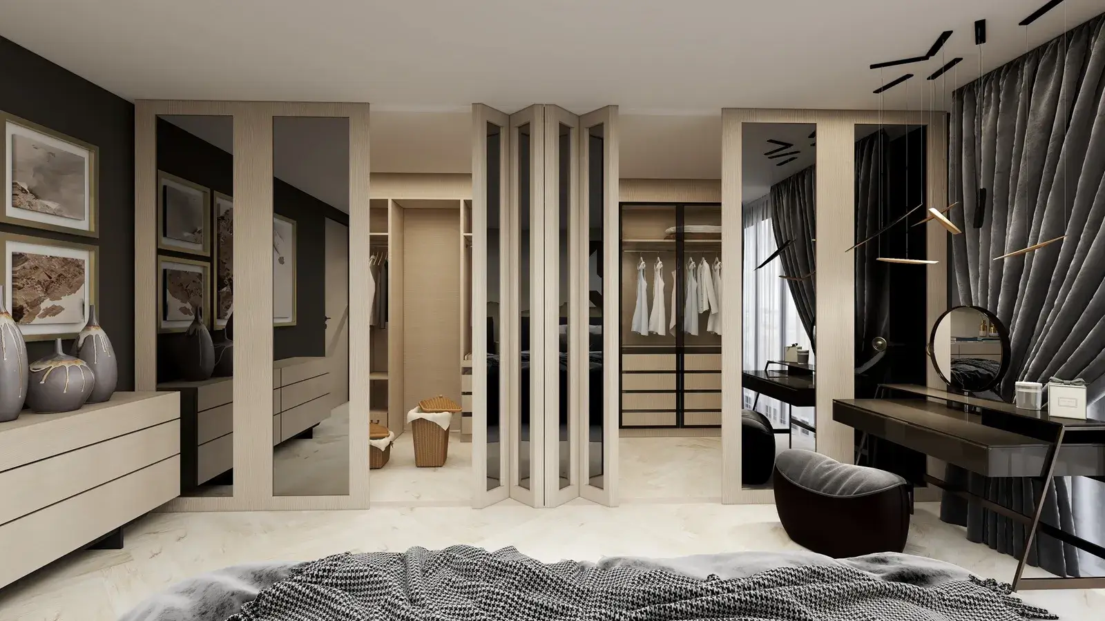 Ekskluzywna sypialnia z otwartą garderobą za łamanymi drzwiami z lustrem oraz nowoczesną toaletką. Architekt wnętrz Podkowa Leśna.