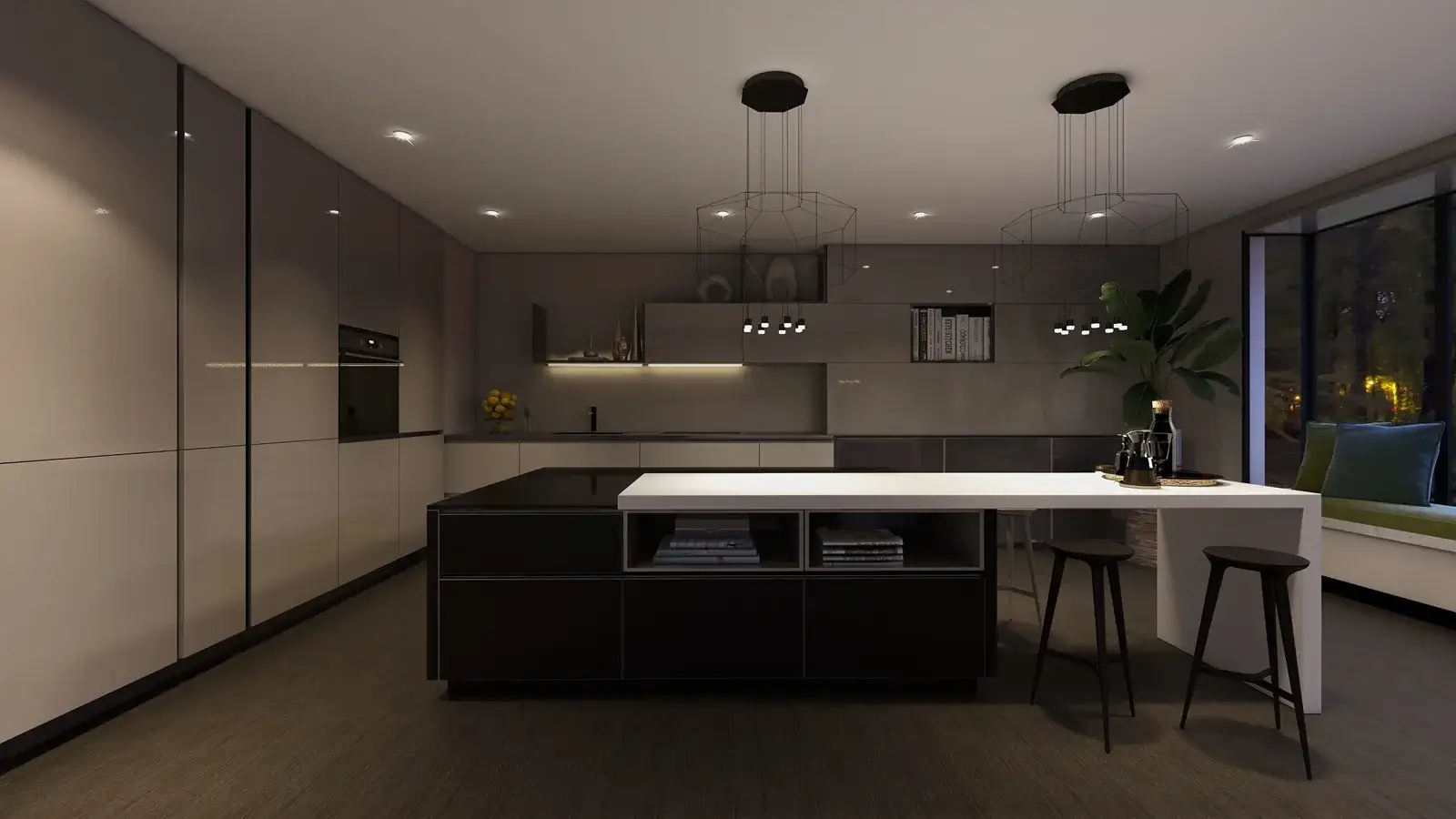 Nowoczesna zielona kuchnia z wyspą, kamiennym blatem i drewnianym wykończeniem. Projekt kuchni - architekt wnętrz Podkowa Leśna.