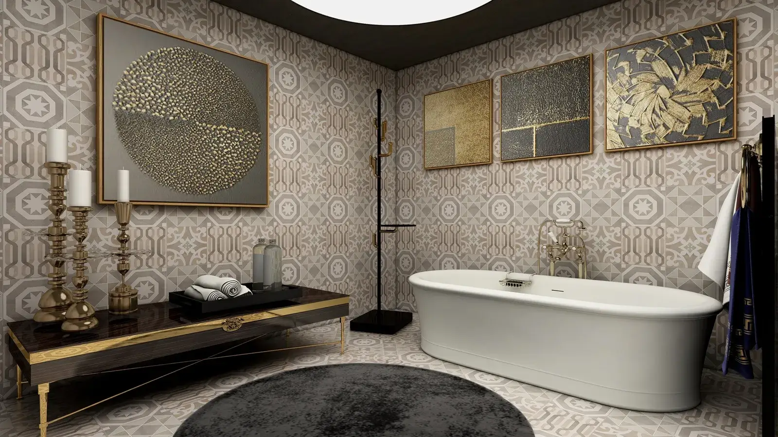 Elegancka łazienka z prysznicem walk-in, zielonymi kafelkami i tapetą w liście. Projekt luksusowej łazienki Podkowa Leśna.